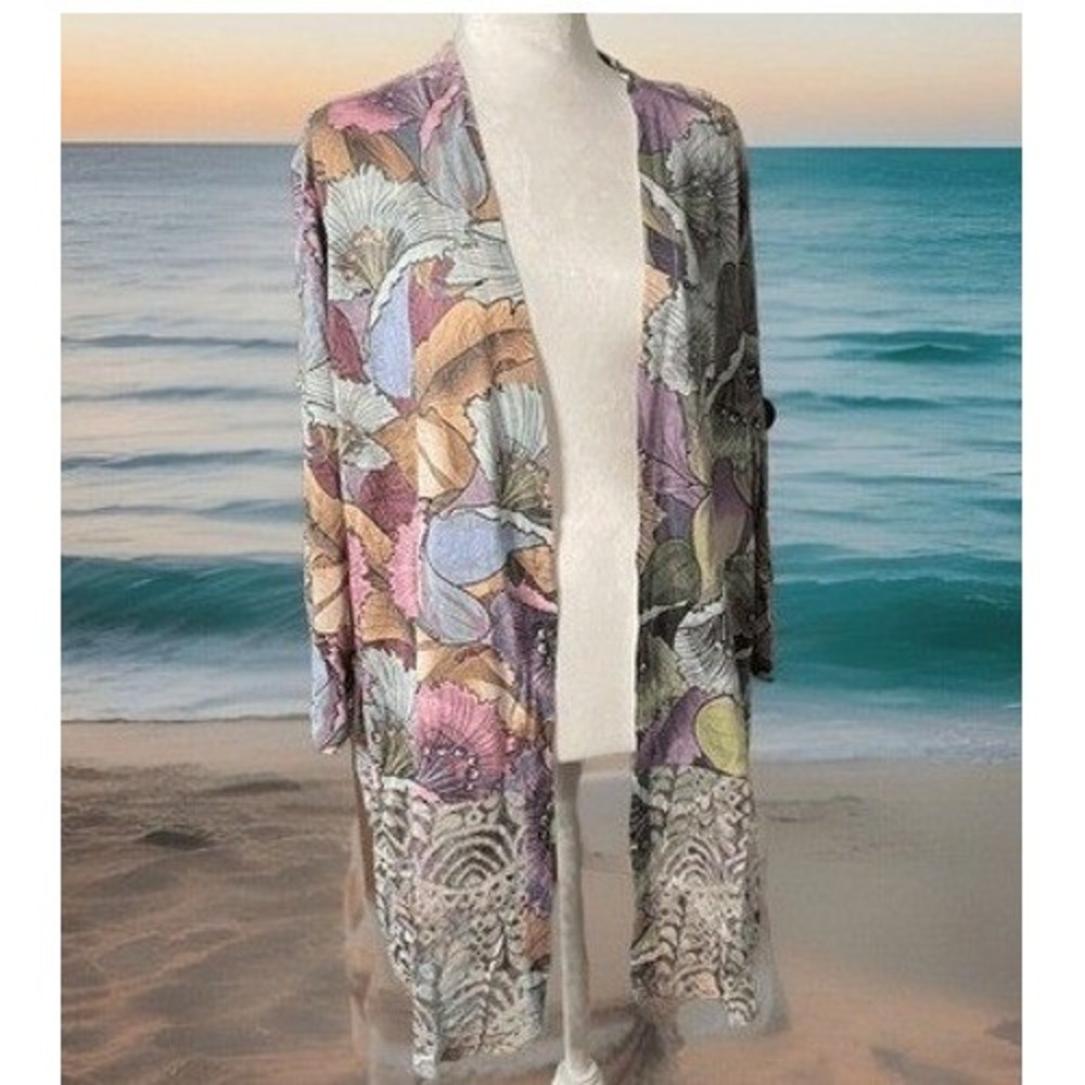 Creation Women 3X Kimono Cardigan Floral Open Front Lace Hem Purple Pink Multi